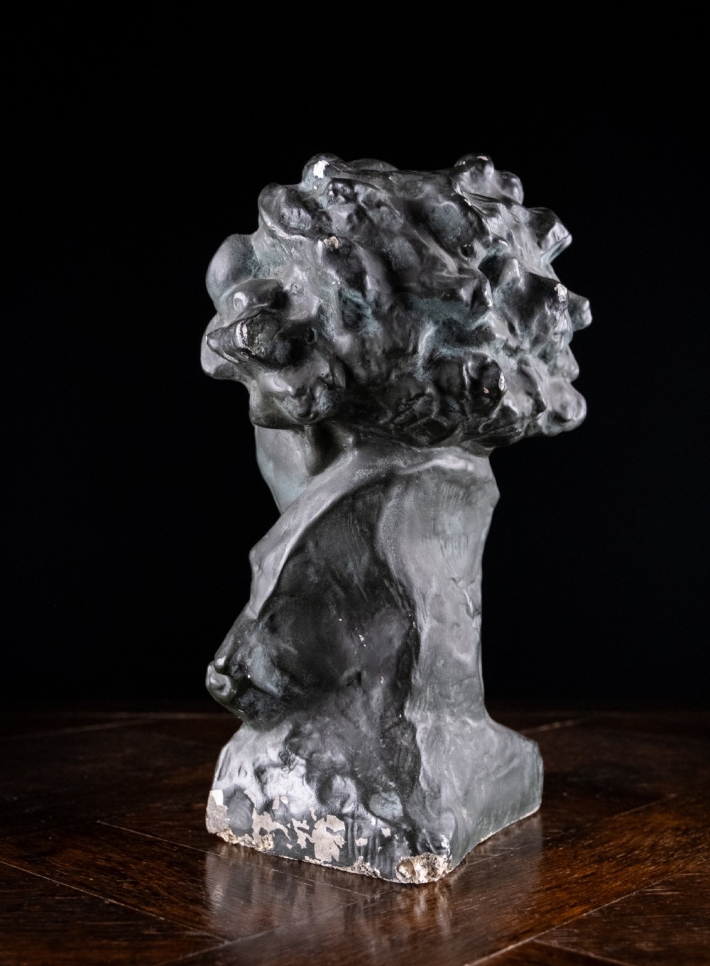 A dark bronze-coloured painted plaster bust depicting composer Ludwig van Beethoven with detailed hair and a dramatic collar on a square base. View VI