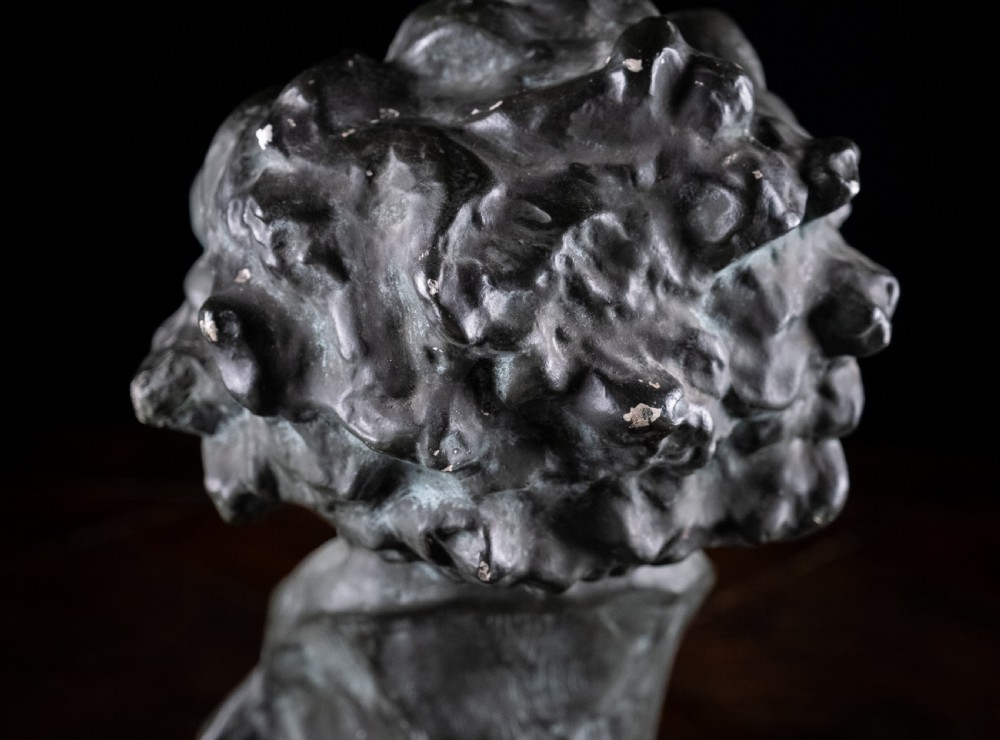 A dark bronze-coloured painted plaster bust depicting composer Ludwig van Beethoven with detailed hair and a dramatic collar on a square base. View XII