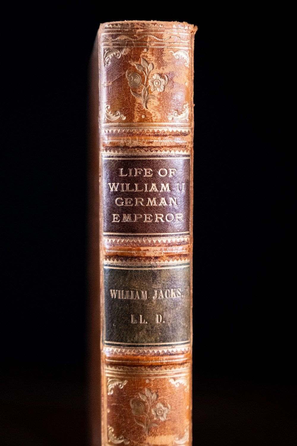 A 1904 leather-bound book titled Life of William the Second German Emperor standing vertically with gilt detailing on the spine. View IV