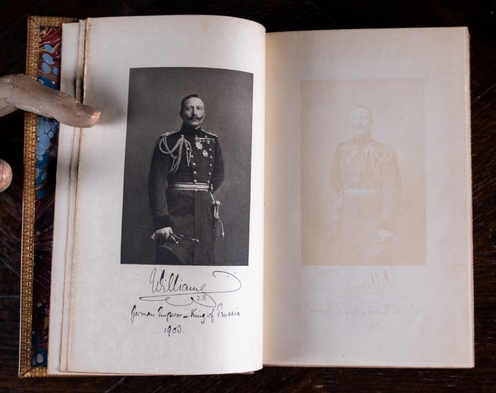 A 1904 leather-bound book titled Life of William the Second German Emperor standing vertically with gilt detailing on the spine. View XII