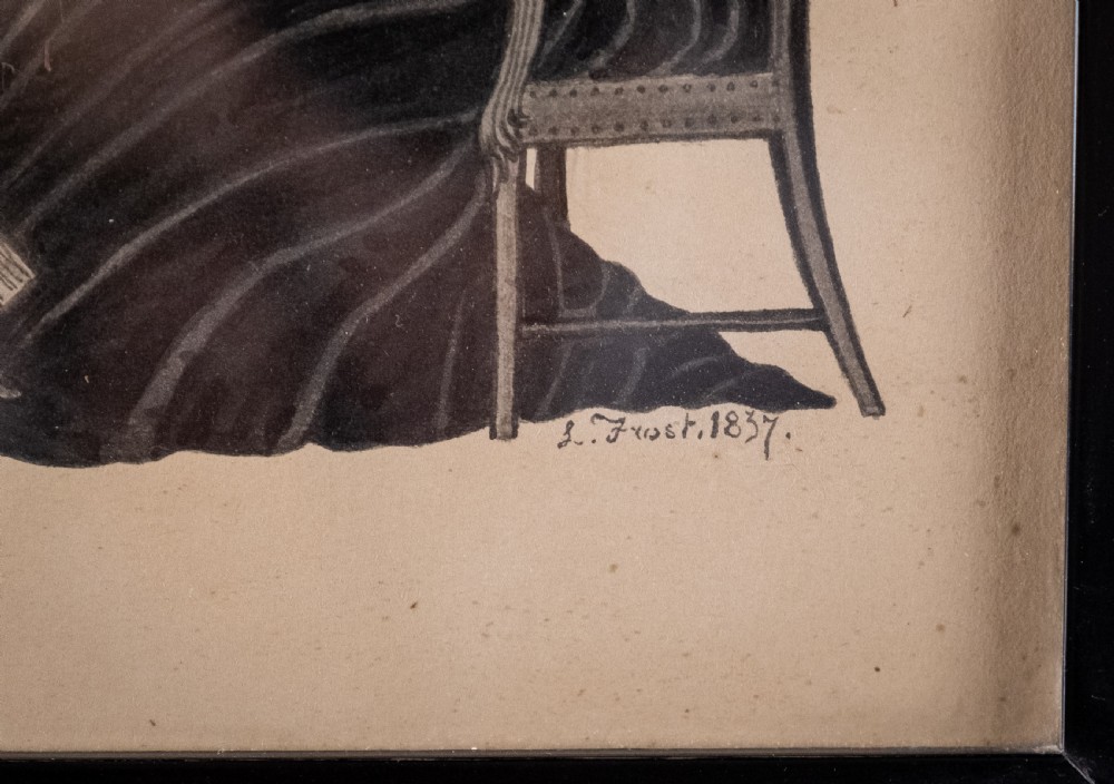 A framed 1837 silhouette artwork featuring two seated ladies in profile facing each other at a table, mounted within a wide black wooden frame. View III