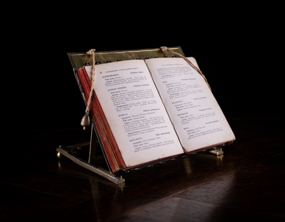 An antique brass folding book rest featuring an intricate pierced fretwork pattern, adjustable easel backing, and weighted page holder cords. View VIII