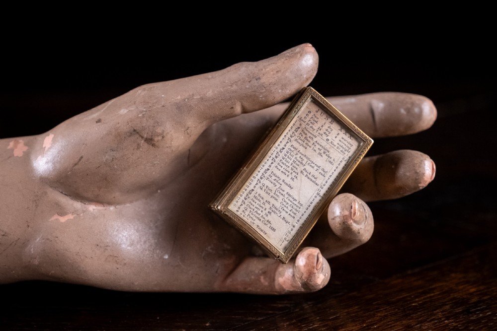 A nineteenth-century six-fold miniature brass frame holding printed paper London almanac sheets dated 1878. View VI