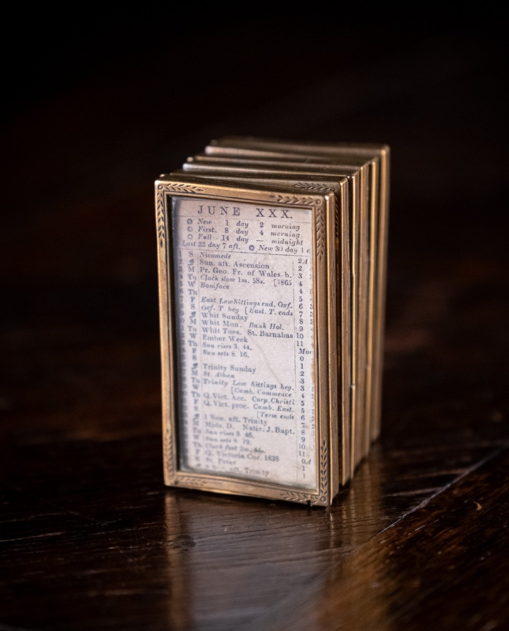 A nineteenth-century six-fold miniature brass frame holding printed paper London almanac sheets dated 1878. View VIII