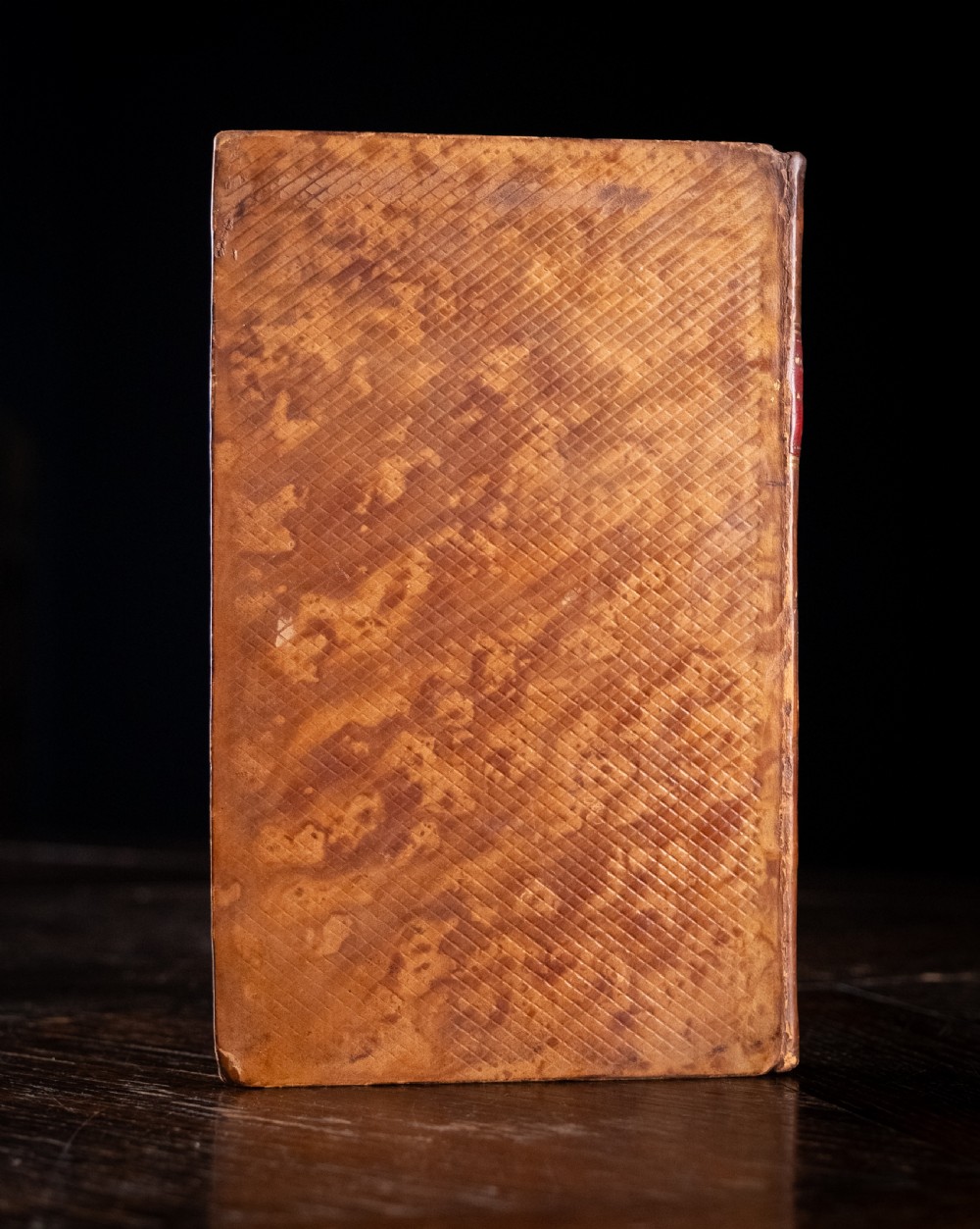 A leather-bound Georgian book standing upright, featuring a tan marbled finish, a red leather spine label with gold lettering, and gilt solar star motifs along the spine. View III