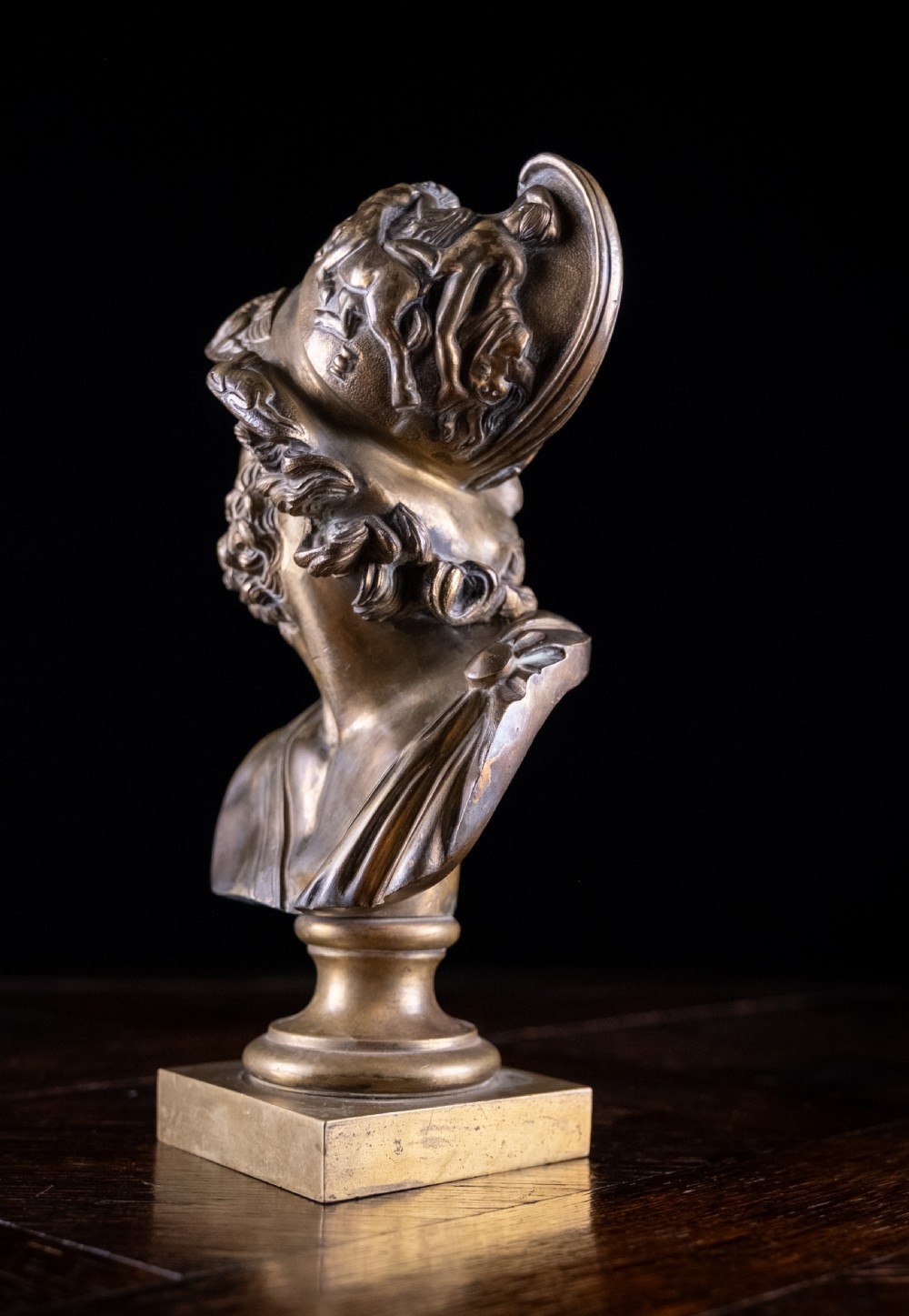 A nineteenth-century gilt bronze sculptural bust depicting the classical hero Ajax in profile, wearing an ornate helmet and mounted on a turned pedestal base. View VII