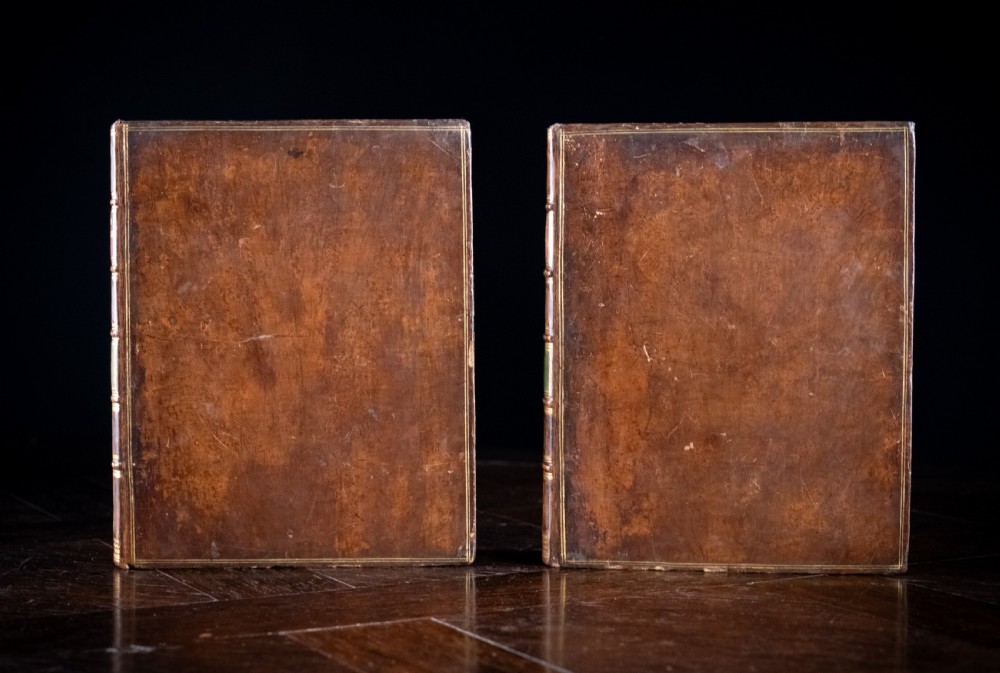 A two-volume set of 18th-century calfskin leather-bound books displaying gilt-tooled spines with red and green title labels. View III