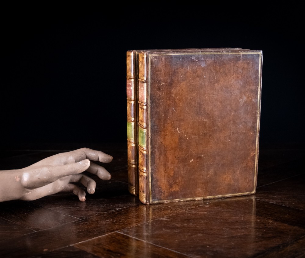 A two-volume set of 18th-century calfskin leather-bound books displaying gilt-tooled spines with red and green title labels. View XX