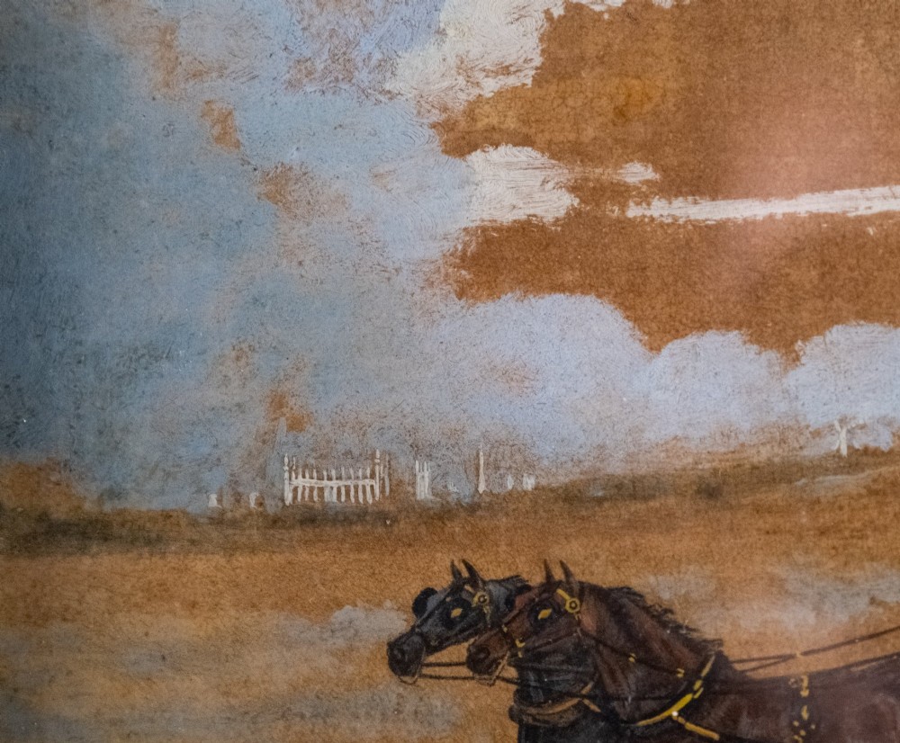 A framed 19th-century oil painting on board depicting a horse-drawn stagecoach travelling along a rural dirt road past figures and a cottage under a cloudy sky. View V