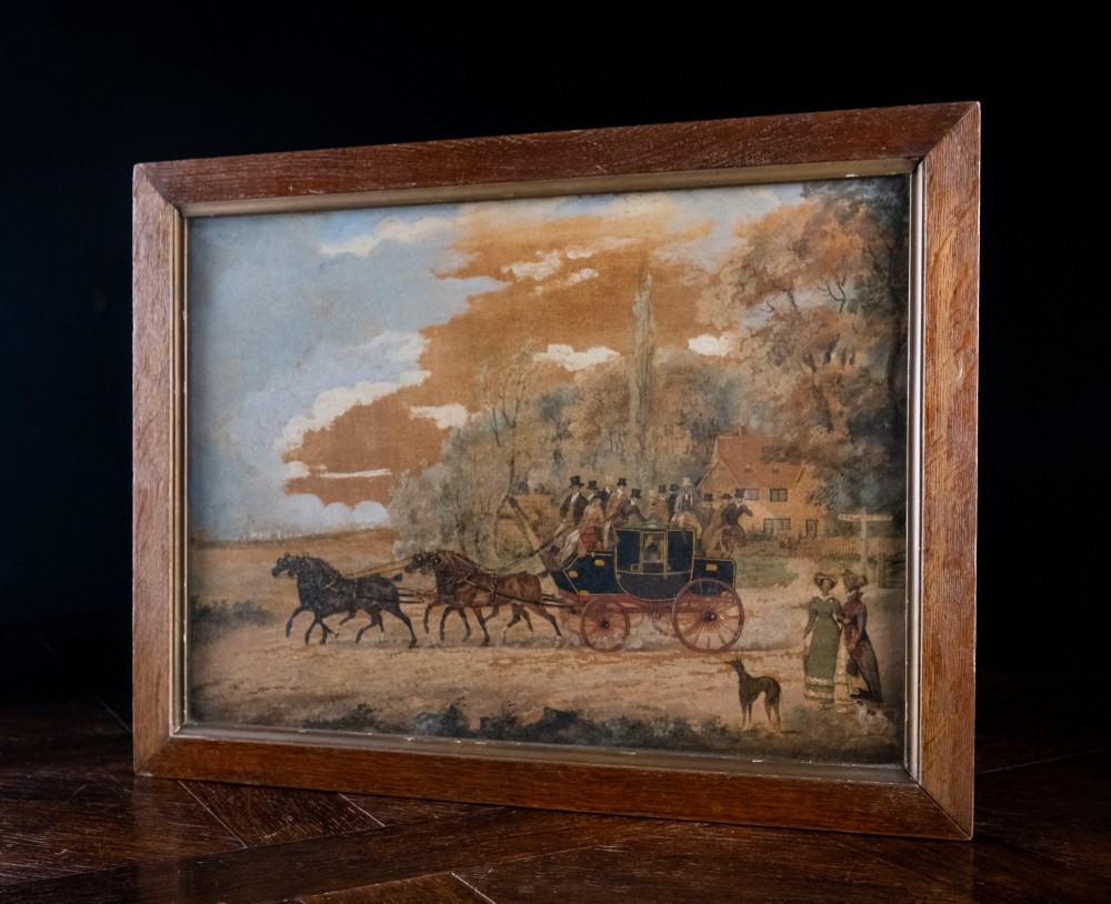 A framed 19th-century oil painting on board depicting a horse-drawn stagecoach travelling along a rural dirt road past figures and a cottage under a cloudy sky. View VIII