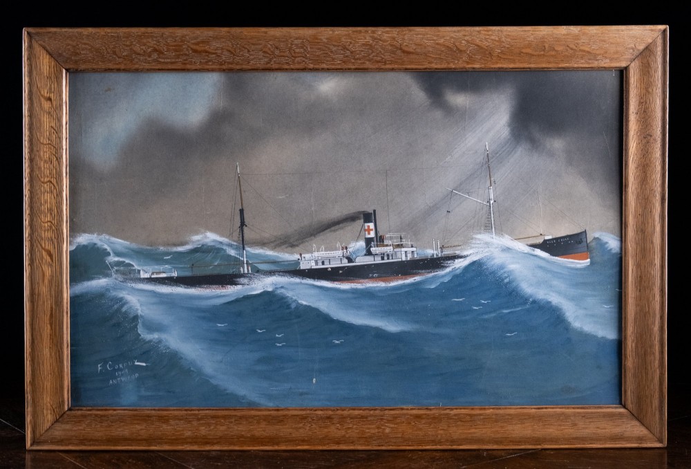 An Edwardian gouache painting depicting a steamship navigating rough blue ocean waves under a dark, stormy sky, encased in a plain oak frame.