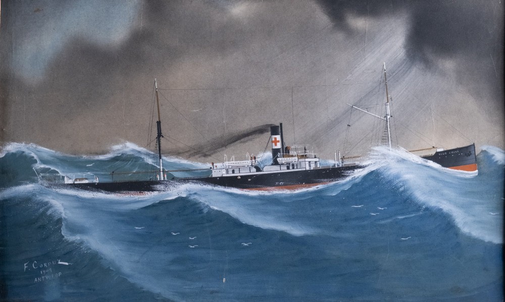 An Edwardian gouache painting depicting a steamship navigating rough blue ocean waves under a dark, stormy sky, encased in a plain oak frame. View II