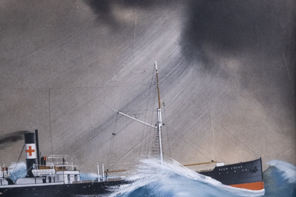 An Edwardian gouache painting depicting a steamship navigating rough blue ocean waves under a dark, stormy sky, encased in a plain oak frame. View III