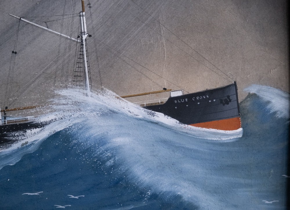 An Edwardian gouache painting depicting a steamship navigating rough blue ocean waves under a dark, stormy sky, encased in a plain oak frame. View IV