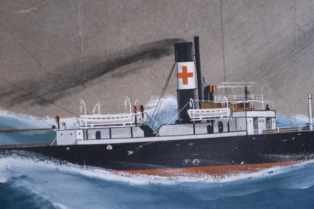 An Edwardian gouache painting depicting a steamship navigating rough blue ocean waves under a dark, stormy sky, encased in a plain oak frame. View V