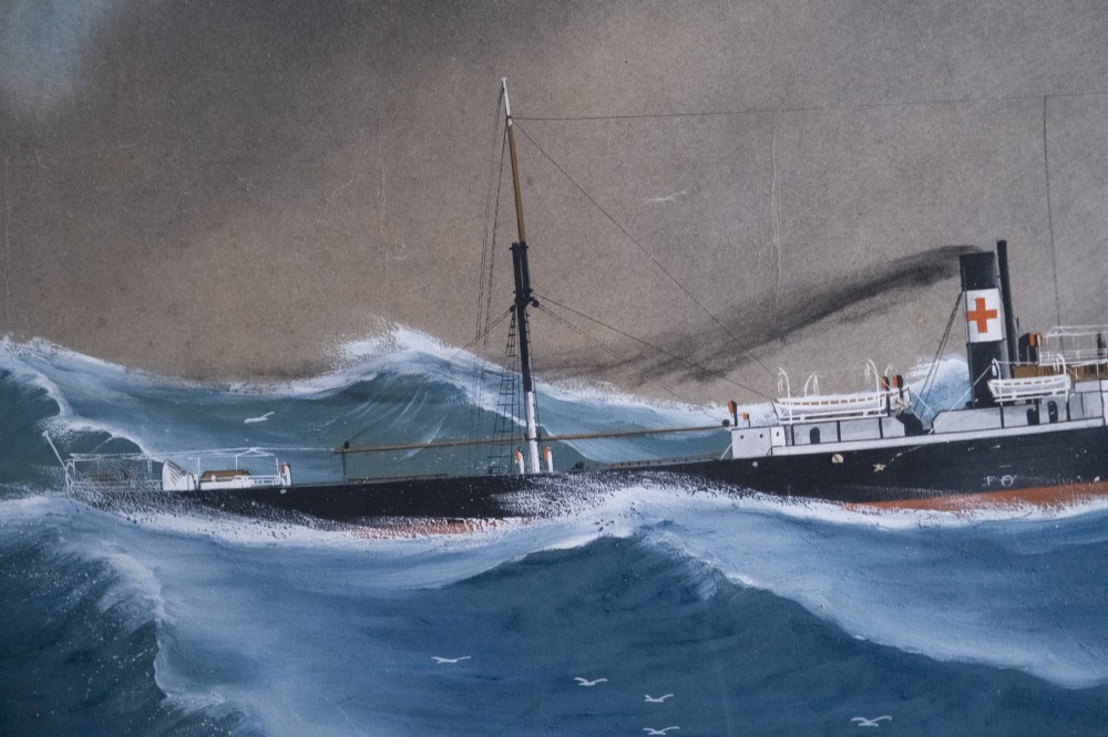 An Edwardian gouache painting depicting a steamship navigating rough blue ocean waves under a dark, stormy sky, encased in a plain oak frame. View VI