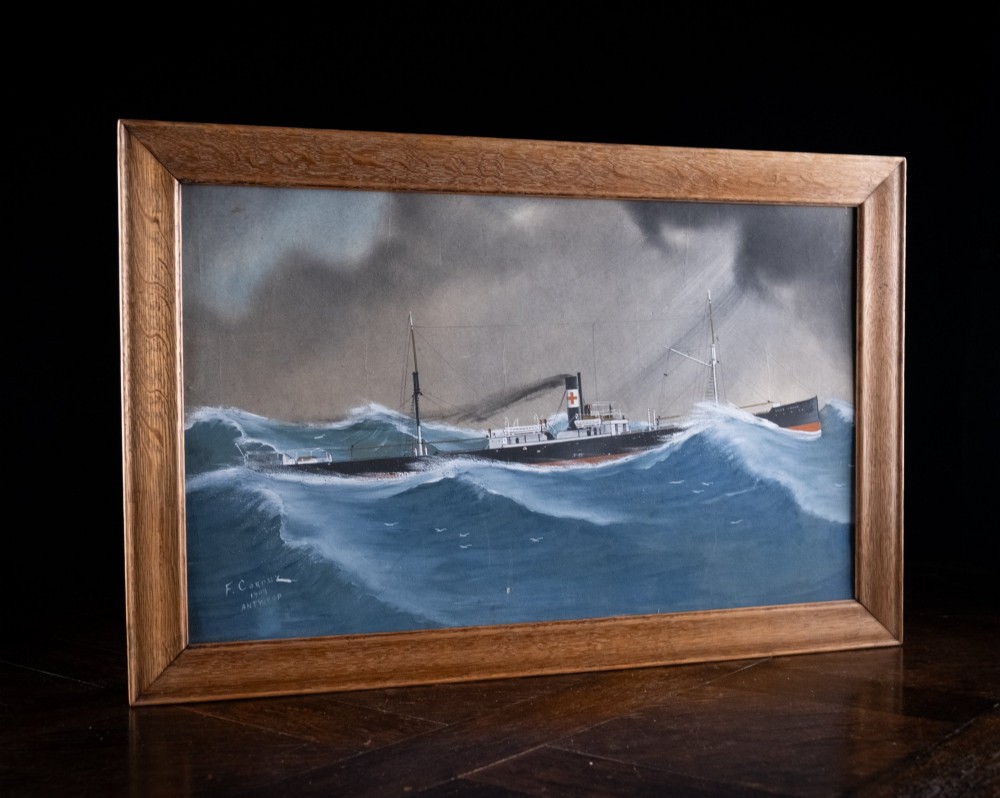 An Edwardian gouache painting depicting a steamship navigating rough blue ocean waves under a dark, stormy sky, encased in a plain oak frame. View VIII
