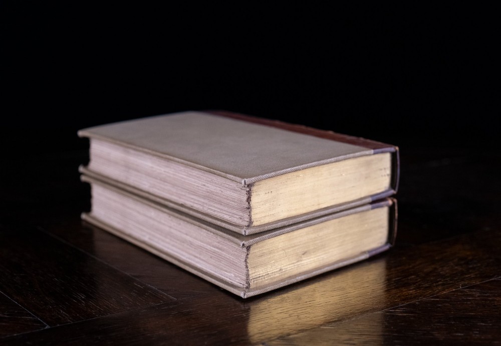 A two-volume set of 1899 first edition books titled The Life of William Morris, bound in brown leather spines with gilt lettering and cream cloth boards. View V