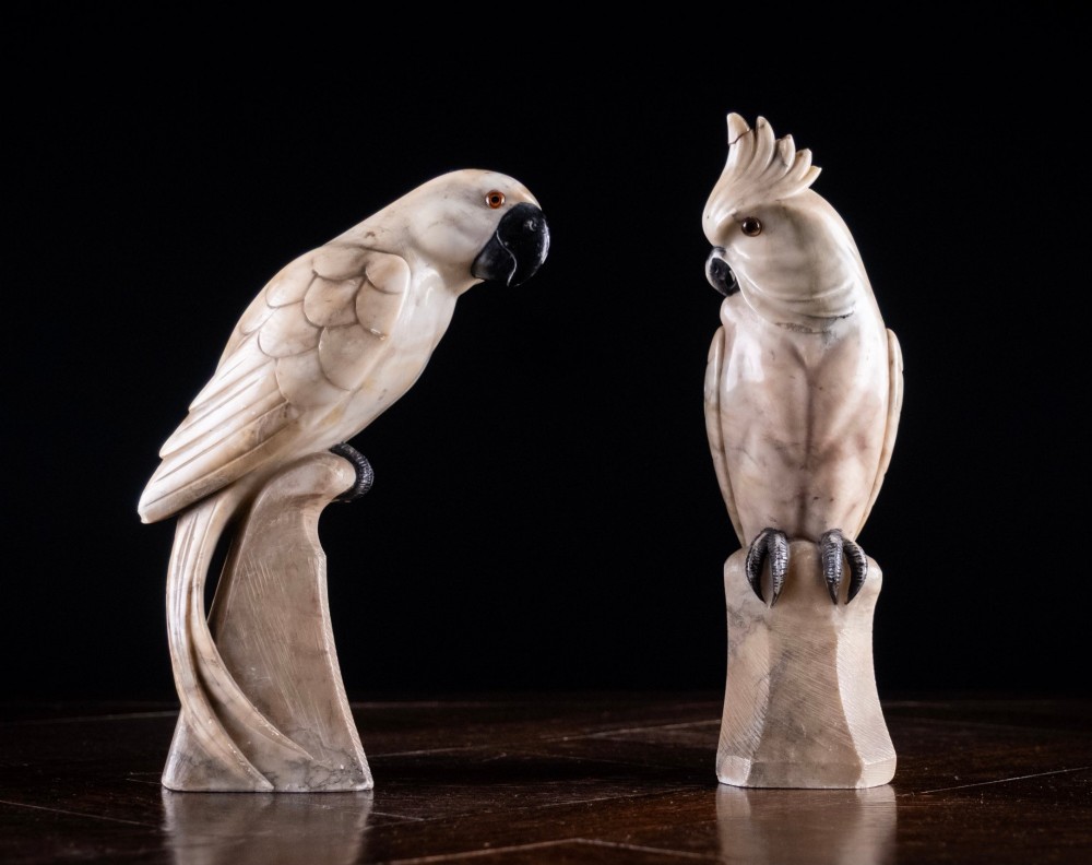 Carved Alabaster Parrot & Cockatoo, c.1920