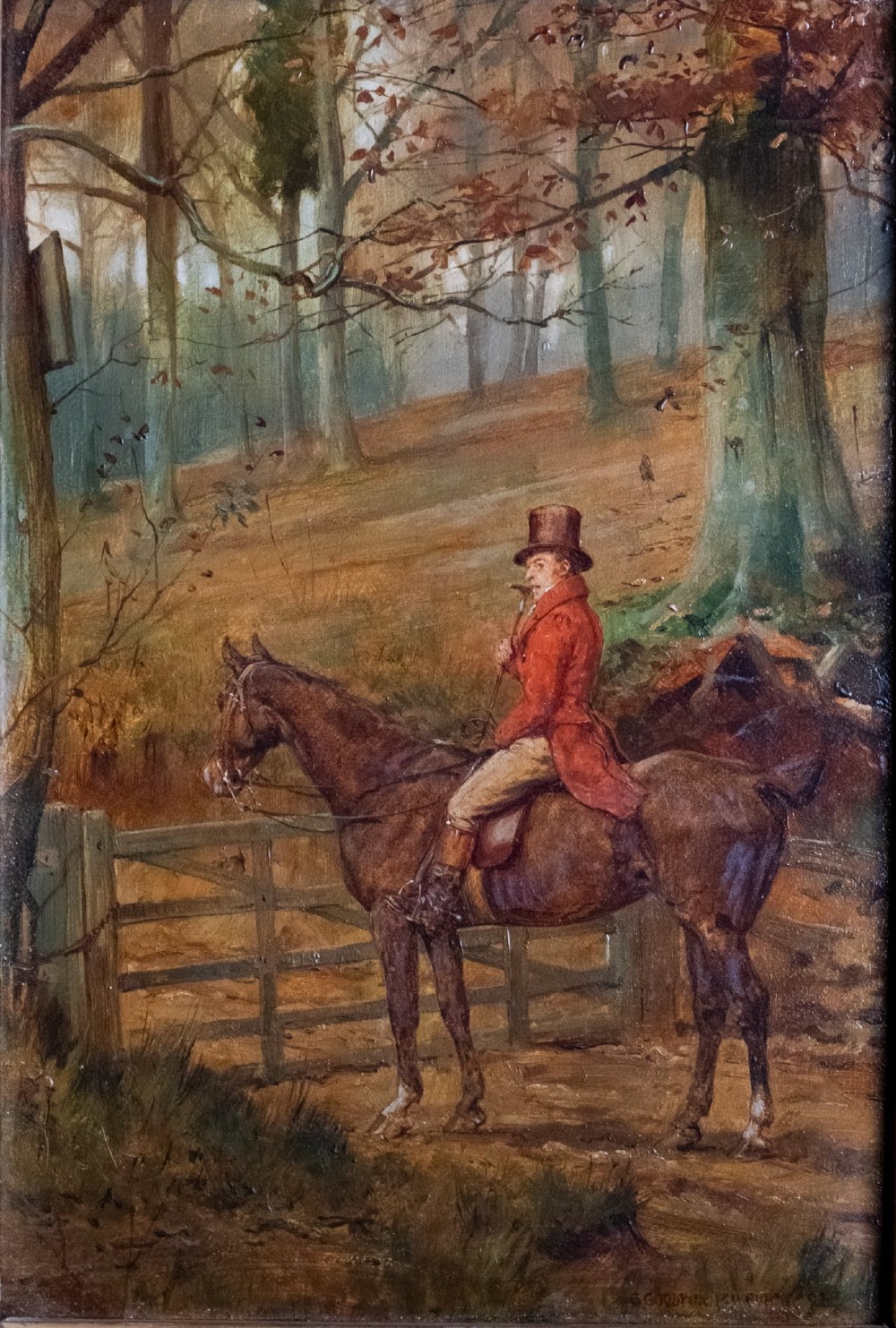 A 19th-century oil painting on panel depicting a gentleman in a red hunting coat atop a horse next to a timber gate in autumn woods.