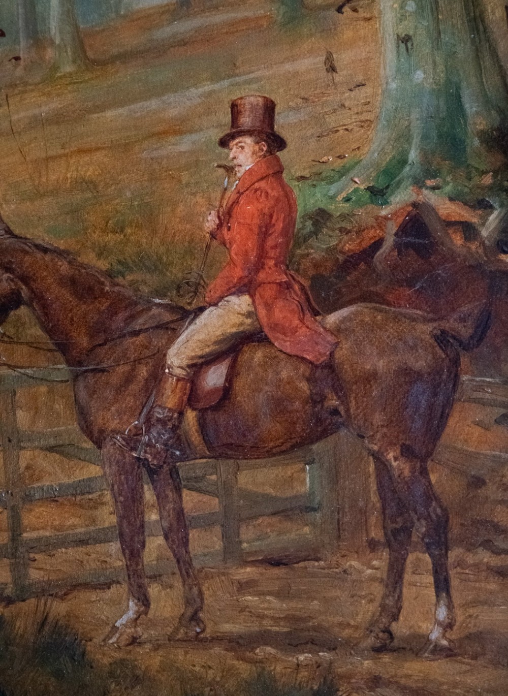A 19th-century oil painting on panel depicting a gentleman in a red hunting coat atop a horse next to a timber gate in autumn woods. View III