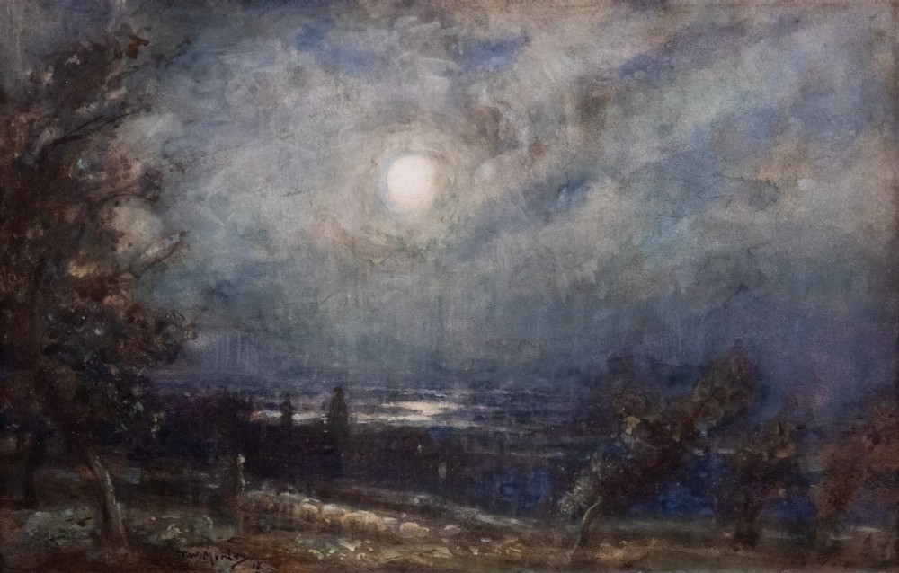 Thomas William Morley (1859-1925) - Moonlit Coastal Landscape. Watercolour.