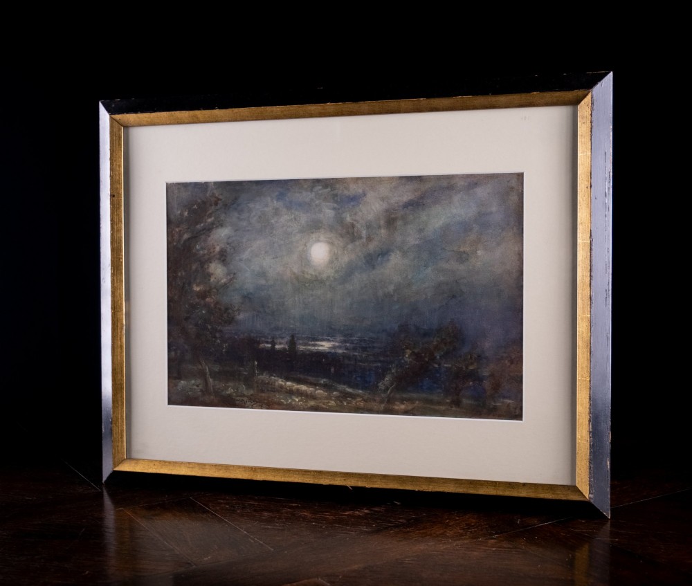 An antique watercolour painting depicting a bright full moon shining through cloudy night skies over a dark coastal landscape with silhouettes of trees. View V