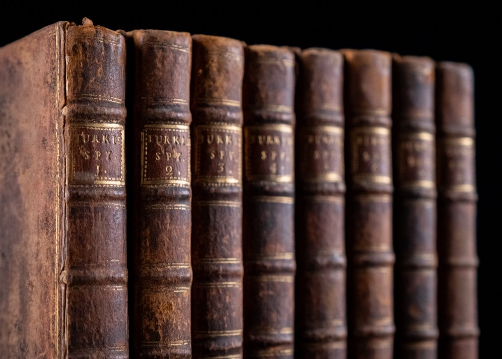 An eight-volume set of 18th-century leather-bound books standing upright with visible raised spine bands and gilt titles. View III