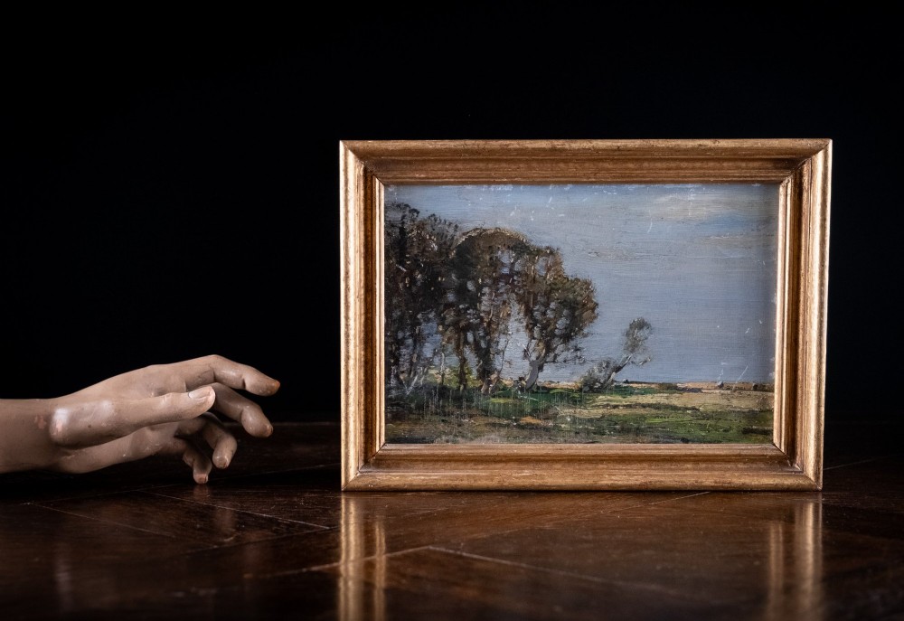 An antique oil painting on board portraying a stand of trees in an open landscape within a moulded gilt wooden frame. View II