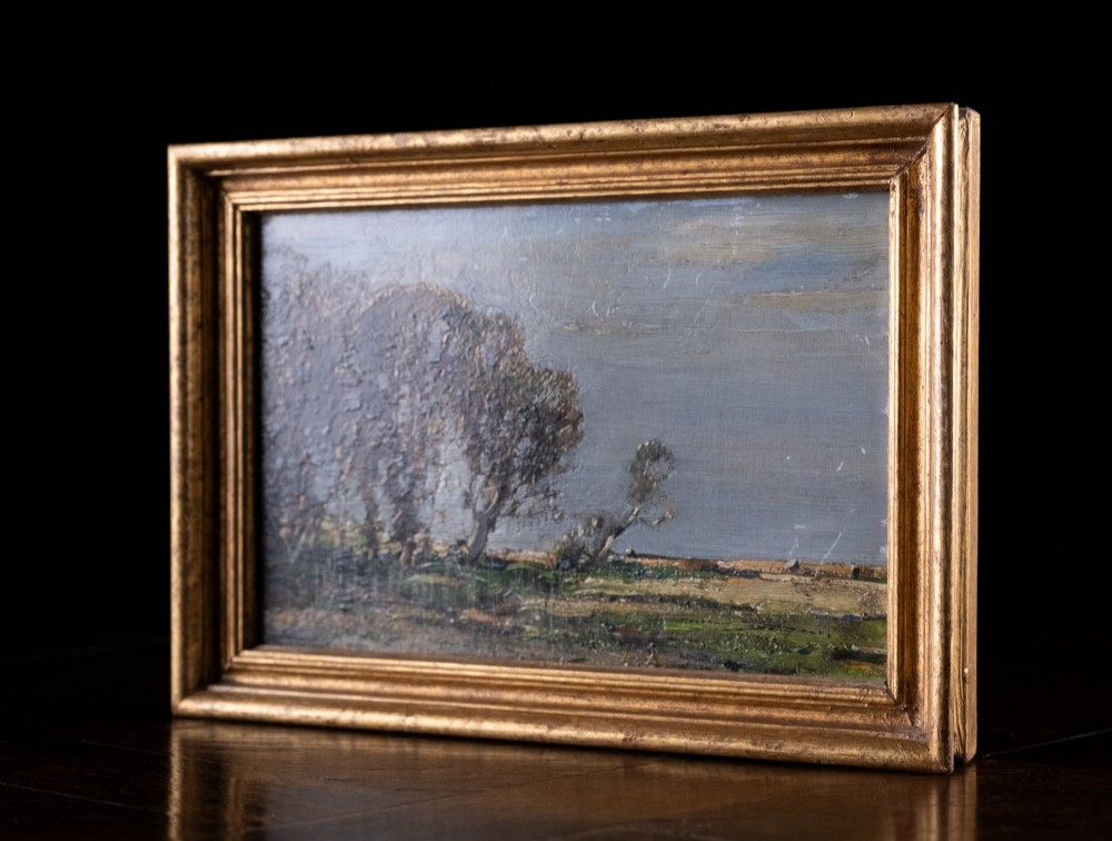 An antique oil painting on board portraying a stand of trees in an open landscape within a moulded gilt wooden frame. View VII