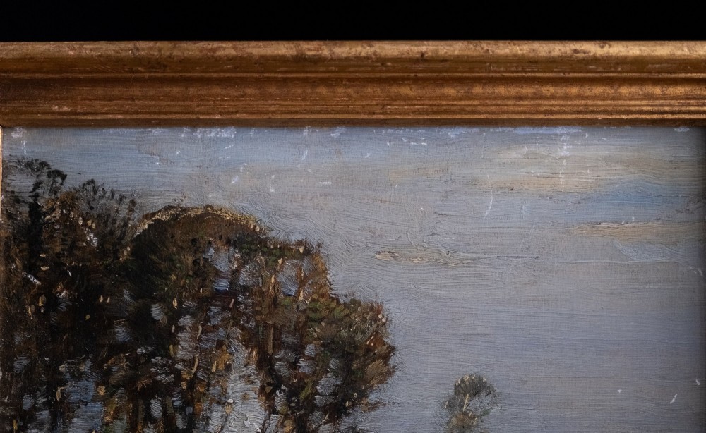An antique oil painting on board portraying a stand of trees in an open landscape within a moulded gilt wooden frame. View IX