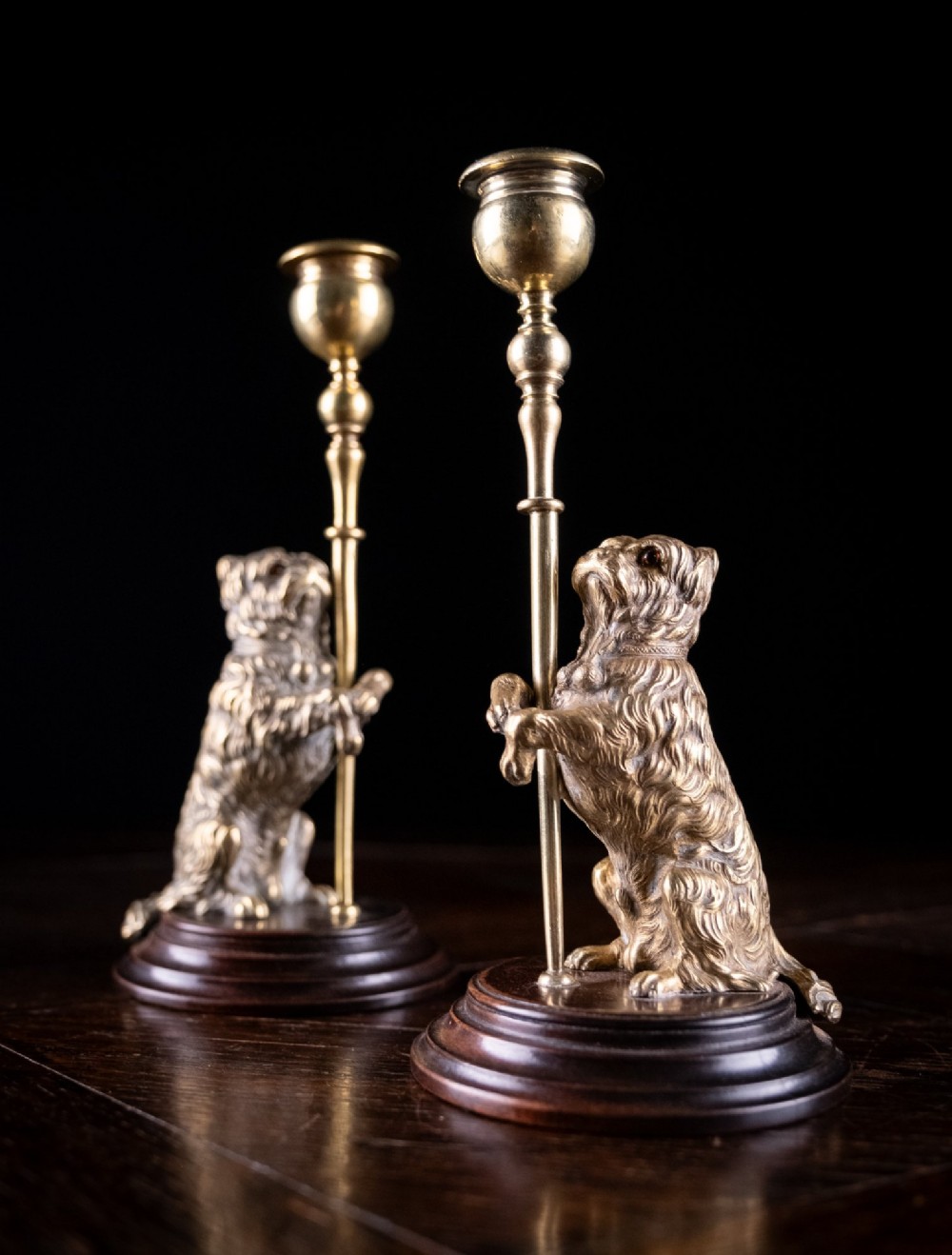 Pair Of Standing Terrier Dog Brass Candlesticks, c.1910