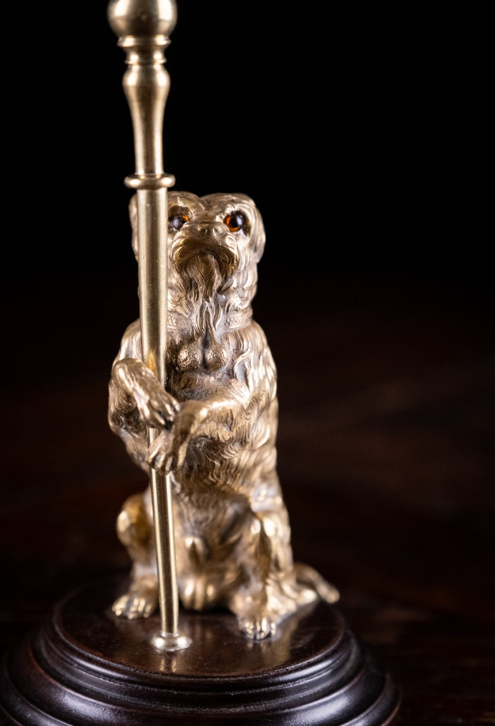 A pair of Edwardian cast brass candlesticks featuring standing terrier dogs holding tall candle columns on dark turned wooden bases. View V