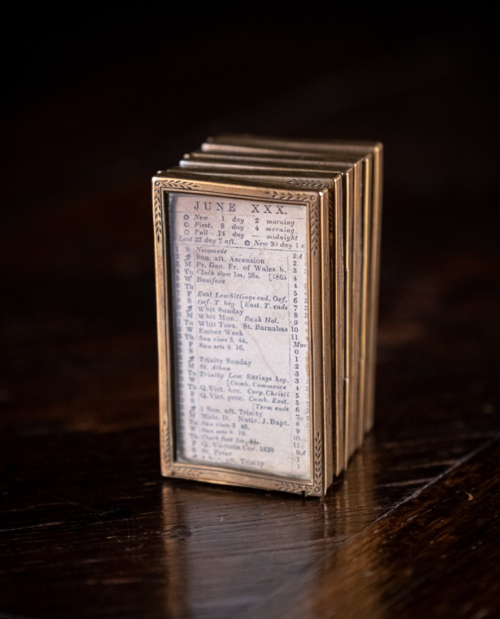 A Victorian six-panel folding brass frame holding a miniature 1878 printed London almanac. View VIII