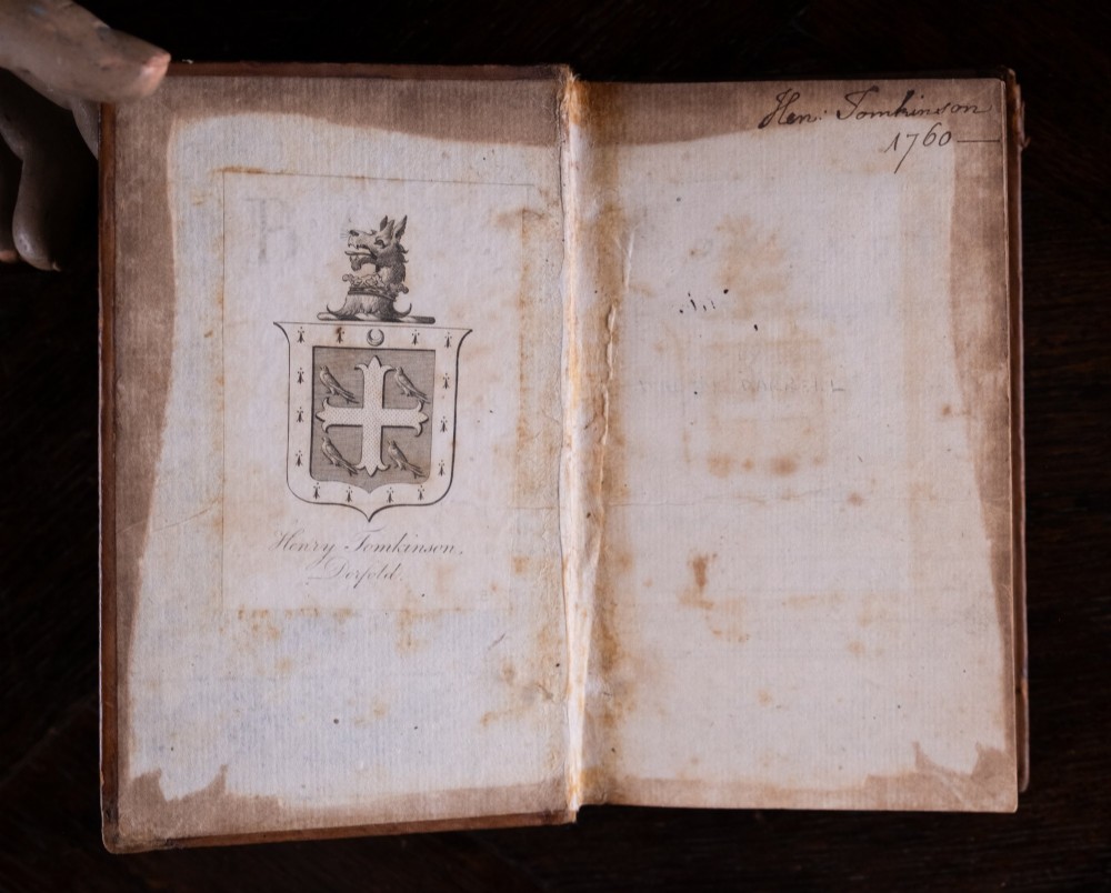 A two-volume set of 18th-century leather-bound books featuring gilt-tooled spine details and raised bands standing vertically. View VI