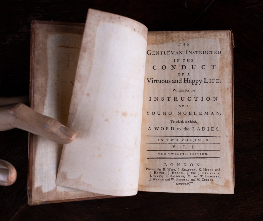 A two-volume set of 18th-century leather-bound books featuring gilt-tooled spine details and raised bands standing vertically. View XIII