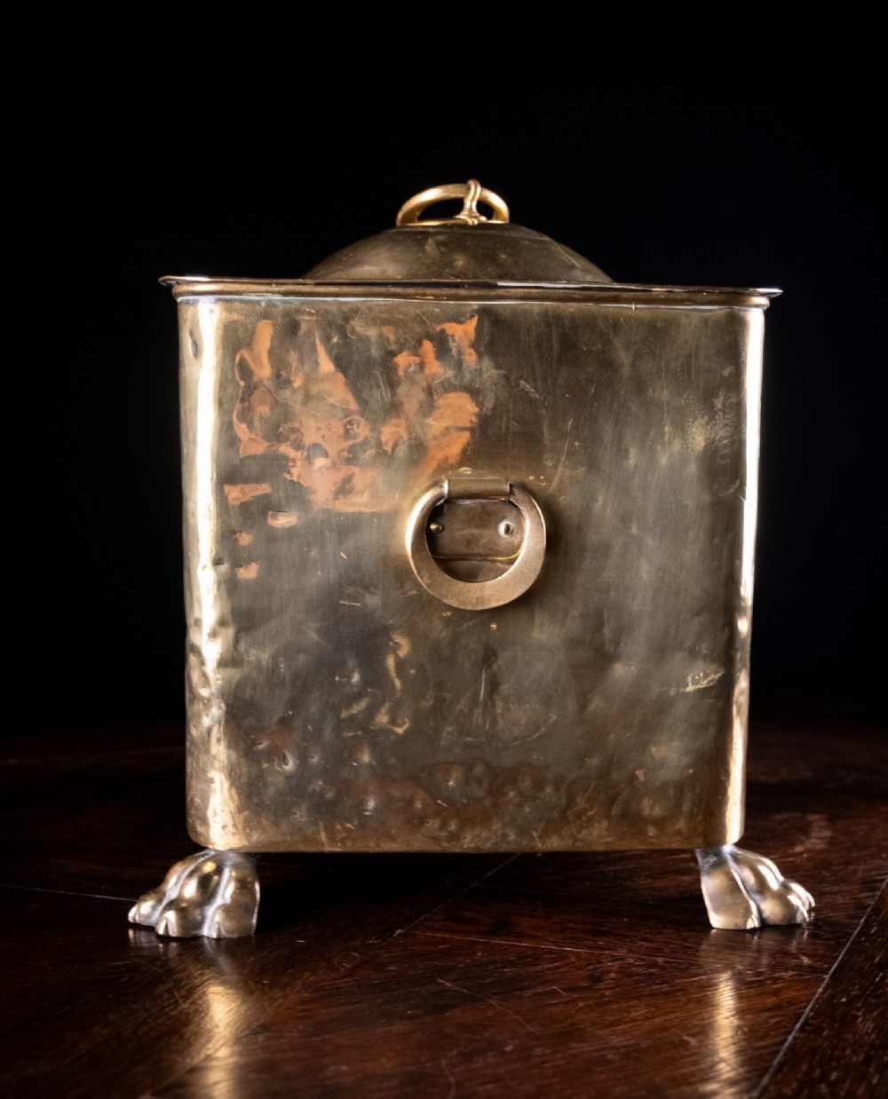 A square Victorian brass coal bin featuring a domed lid with a top ring handle, cast ram head mounts, drop ring handles, and four claw and paw feet. View X