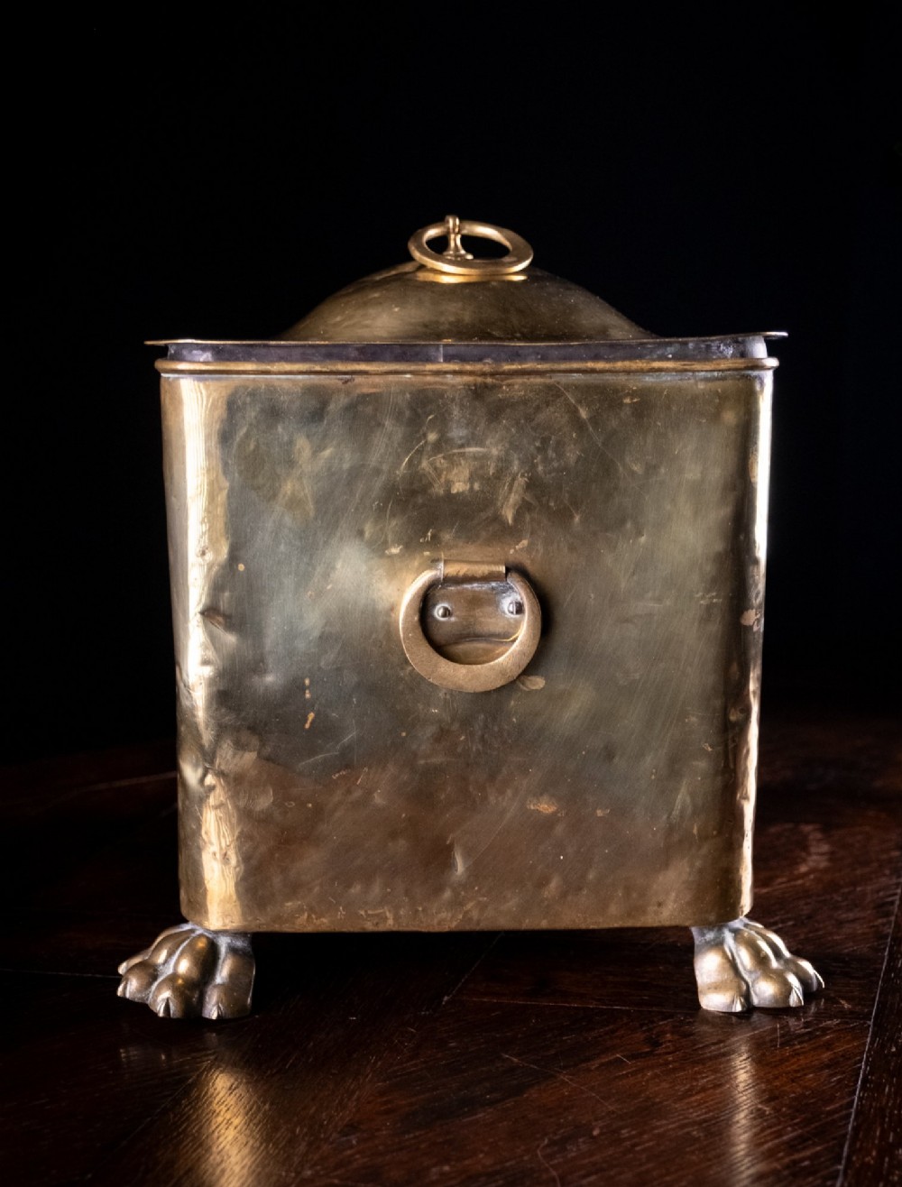 A square Victorian brass coal bin featuring a domed lid with a top ring handle, cast ram head mounts, drop ring handles, and four claw and paw feet. View XI