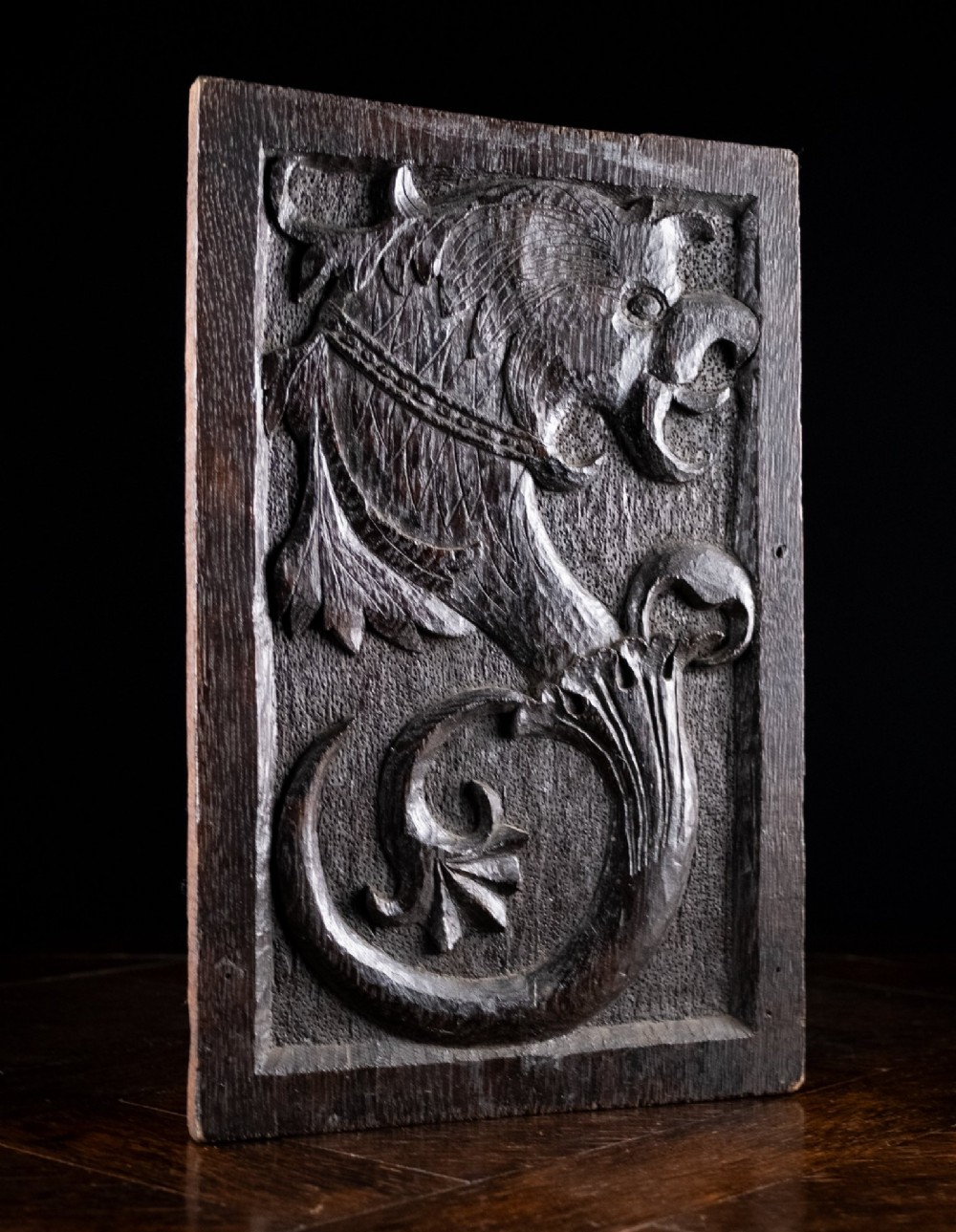 A rectangular dark oak timber panel featuring a high-relief hand carving of a crouching dragon with a feathered neck and curved tail. View II