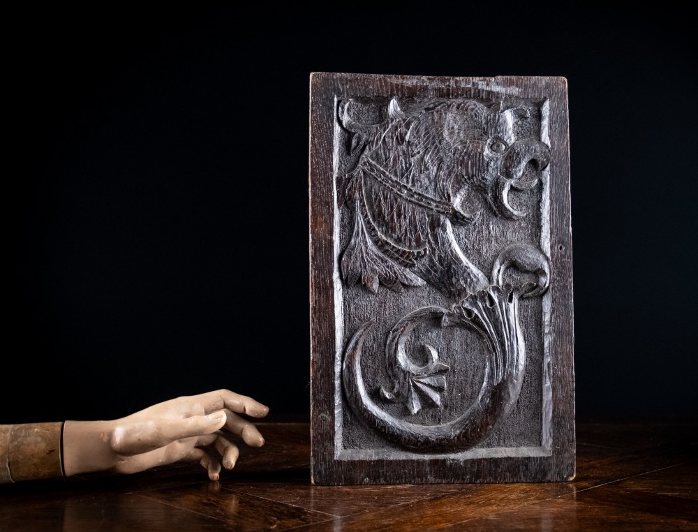 A rectangular dark oak timber panel featuring a high-relief hand carving of a crouching dragon with a feathered neck and curved tail. View IV