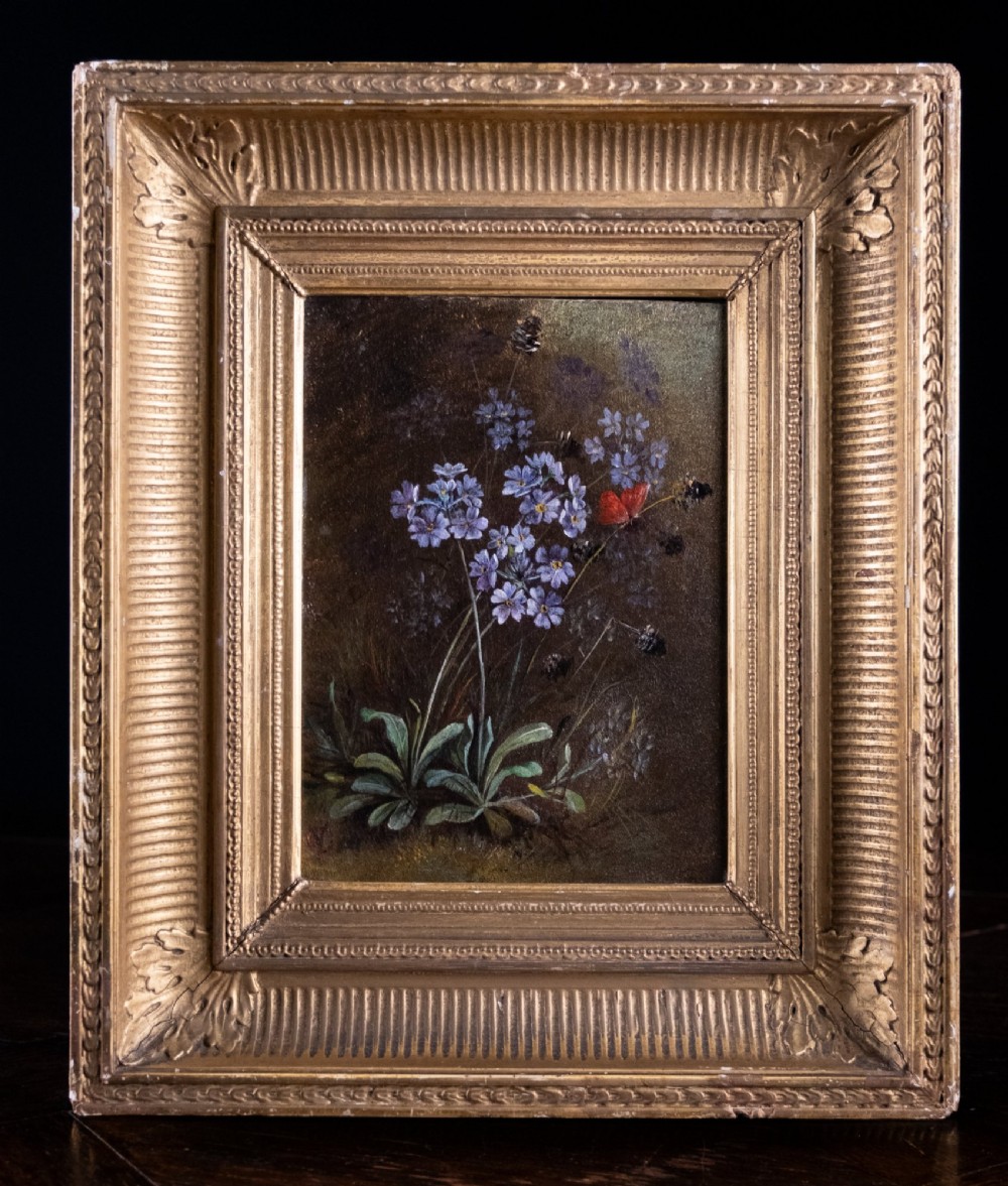 A 19th-century oil painting on canvas depicting purple flowers and a small red butterfly set within an ornate fluted gilt frame. View II