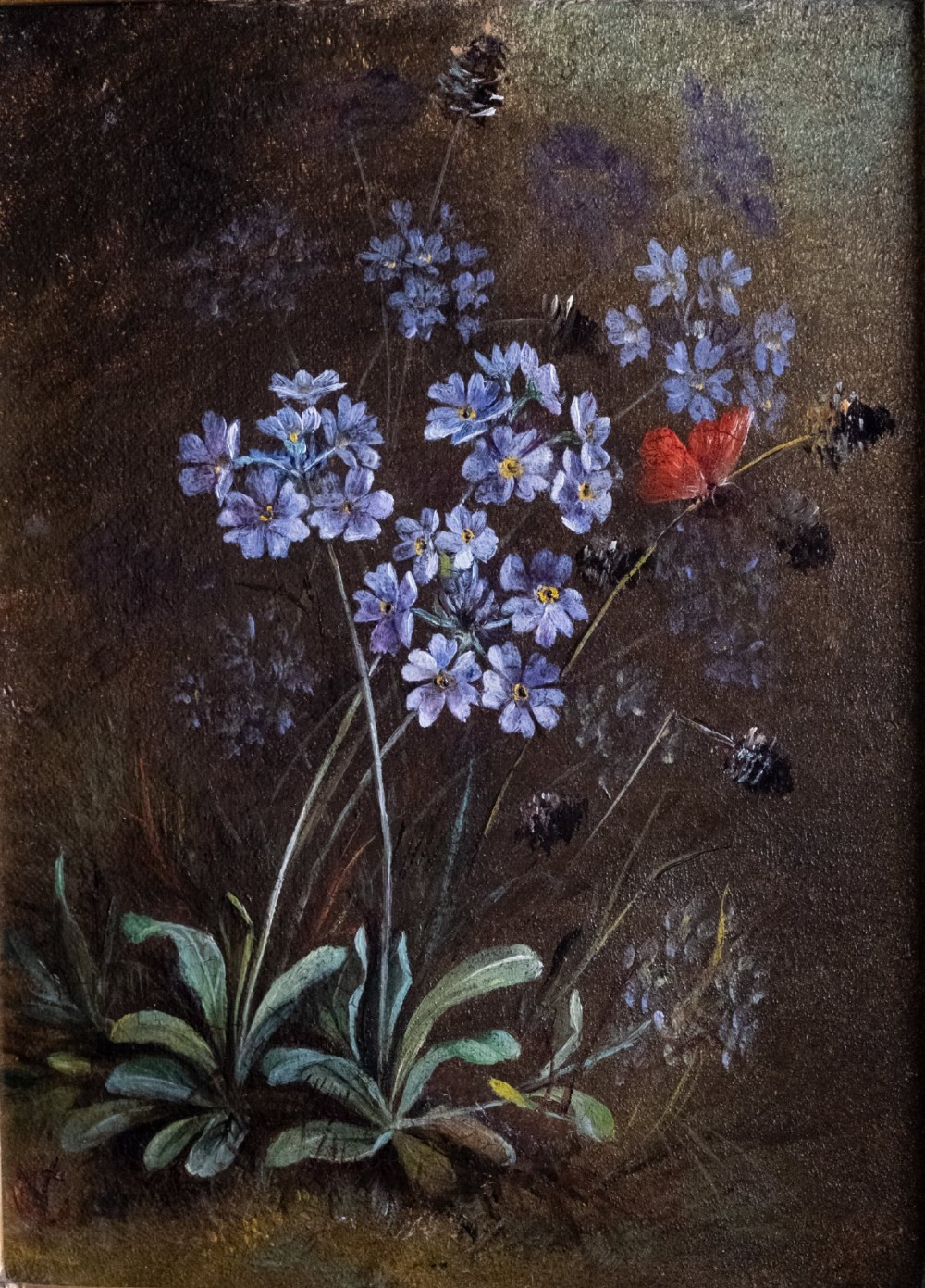 A 19th-century oil painting on canvas depicting purple flowers and a small red butterfly set within an ornate fluted gilt frame. View IV