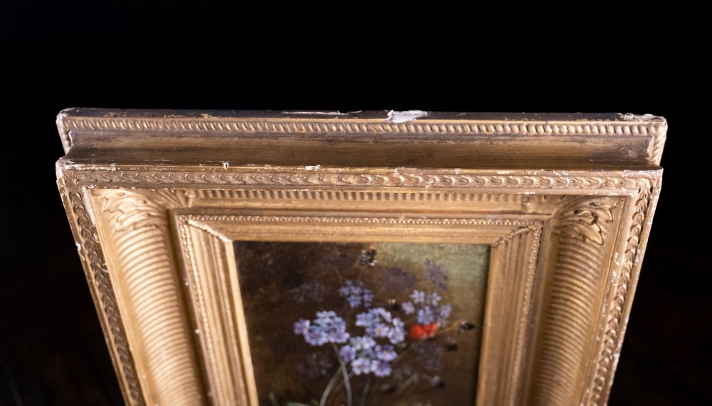 A 19th-century oil painting on canvas depicting purple flowers and a small red butterfly set within an ornate fluted gilt frame. View VIII