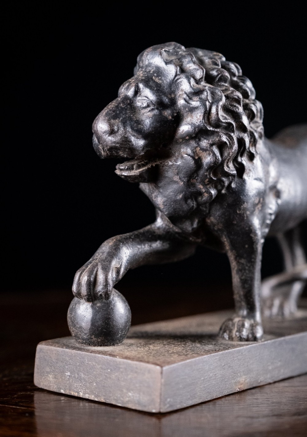 A dark cast iron lion sculpture standing on a rectangular base with one front paw resting on a sphere. View VI