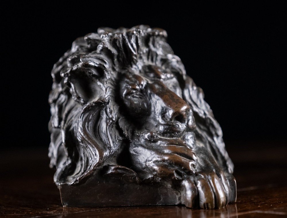 A dark brown patinated bronze sculpture depicting a recumbent sleeping lion resting its head on an integrated rectangular base. View VII