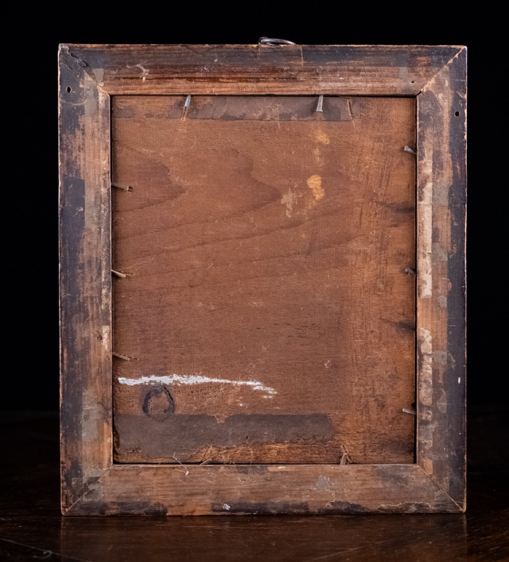 An early 19th-century watercolour portrait miniature depicting a young girl with dark curls in a blue dress, displayed in a dark wood frame. View VIII