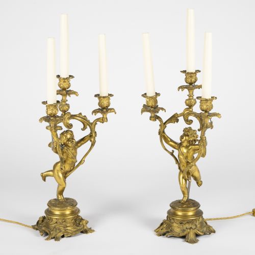 PAIR OF GILT BRONZE PUTTI TABLE LAMPS