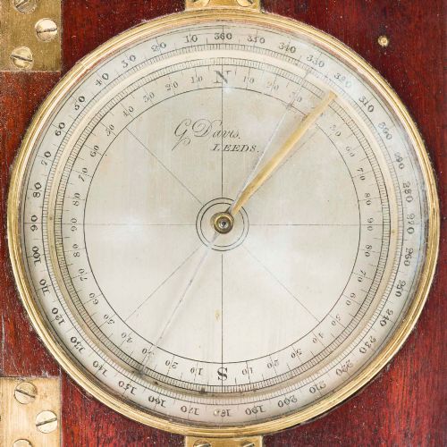 fig 1. An antique mahogany cased surveyor compass with folding brass sight vanes and a circular glass-covered needle face, mounted on a wooden pedestal base.