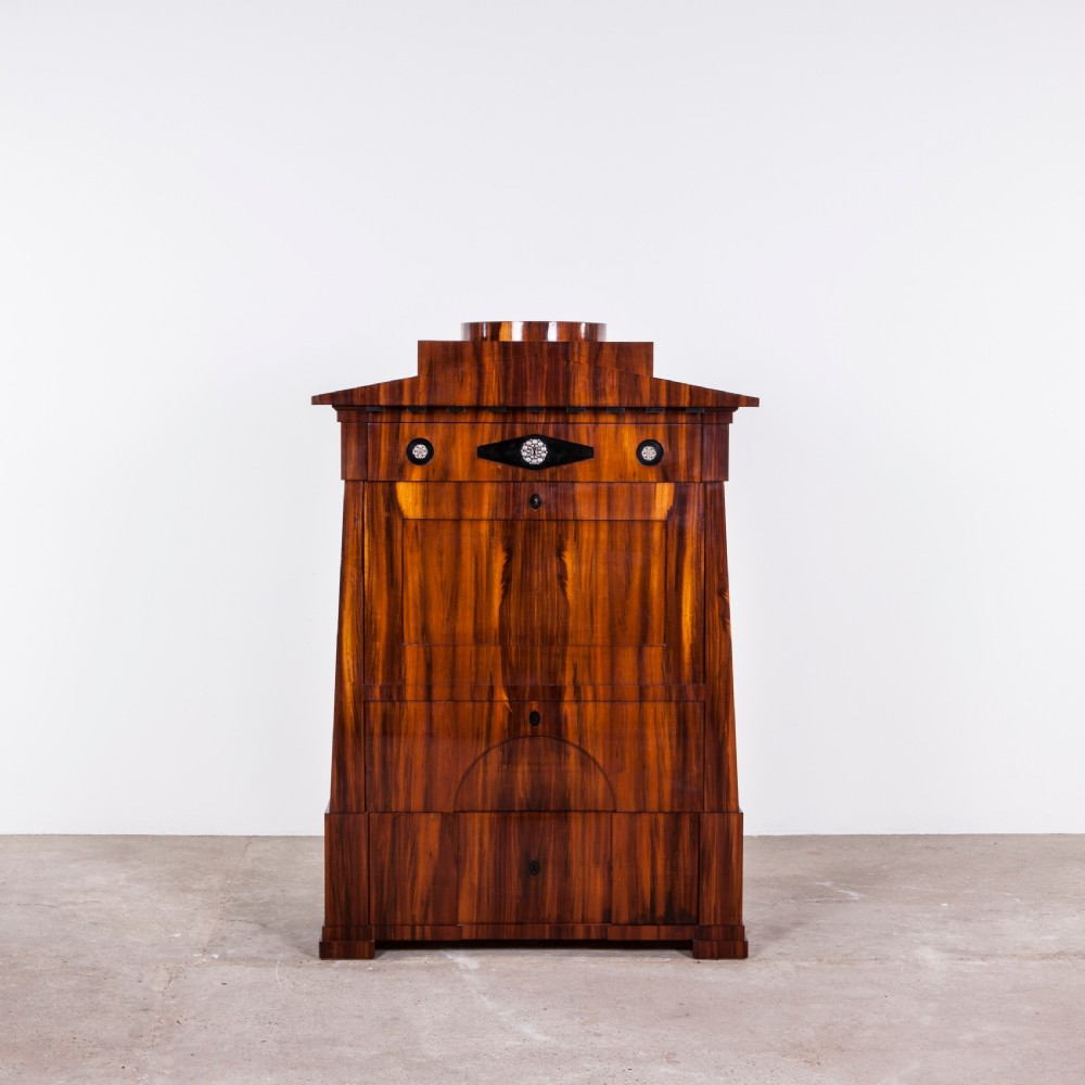 A tall Biedermeier secretaire a abattant featuring rich bookmatched brown wood veneers, an architectural pediment top, a fall-front desk section, and lower drawers with ebonised detail. View II