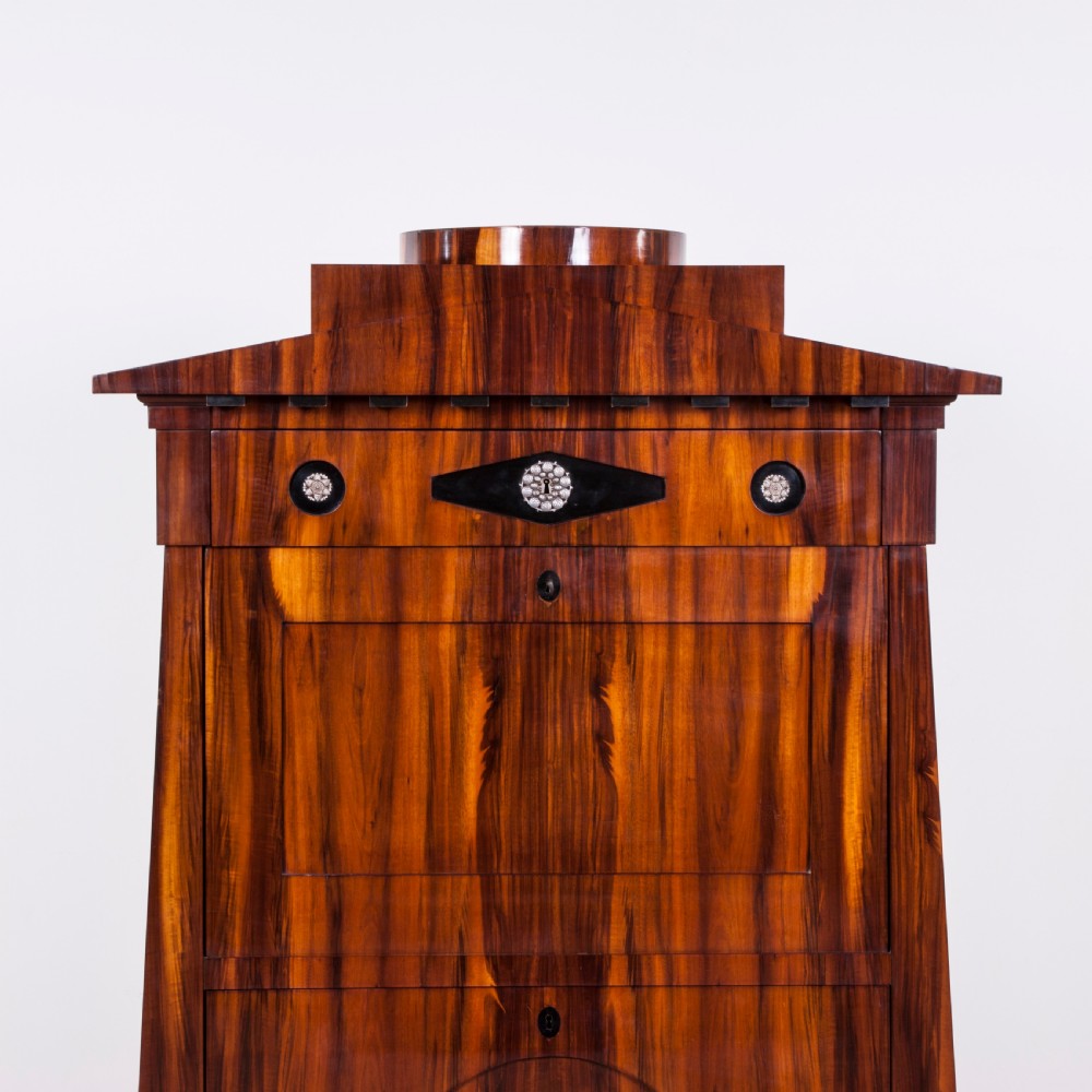 A tall Biedermeier secretaire a abattant featuring rich bookmatched brown wood veneers, an architectural pediment top, a fall-front desk section, and lower drawers with ebonised detail. View V